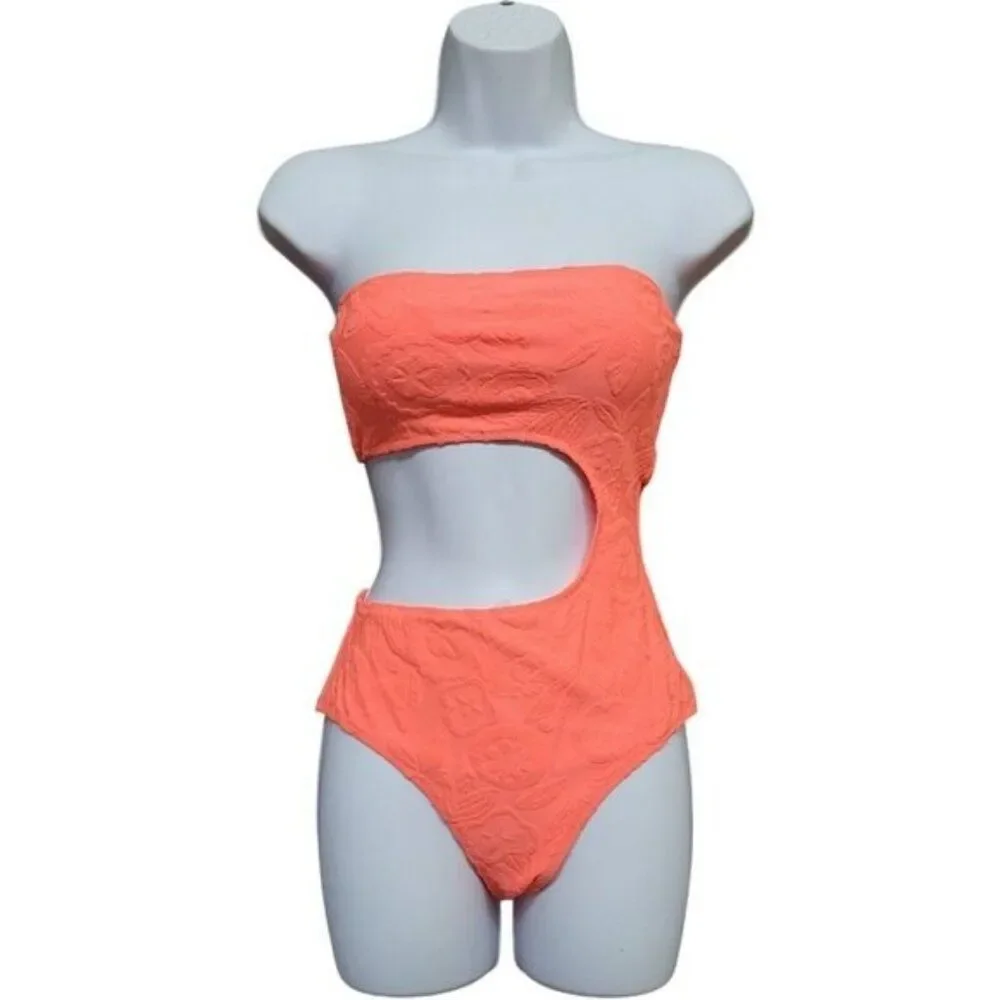 Aerie Terry Cut Out Strapless Neon‎ Orange One Piece Swimsuit S